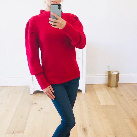 Red Puff Sleeve Fuzzy Sweater - Picture 5 of 7